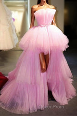Latest High Low A-line Strapless Tulle Pink Formal Evening Prom Dresses