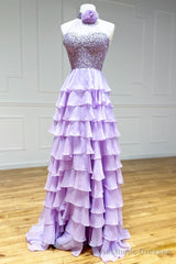Lavender Long Tiered Prom Dress Ruffle High Neck With 3D Flower