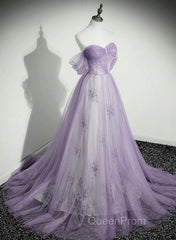 Lavender Tulle A-Line Beaded Off Shoulder Party Dresses, Lavender Long Formal Dresses