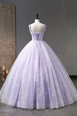 Lavender Tulle Straps Floor Length Evening Dress, Lavender A-Line Prom Dress