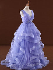 Lavender Tulle V-Neckline Layers Long Sweet 16 Dresses, Light Purple Evening Prom Dresses Party Dresses