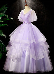 Lavender Tulle V-neckline Sweet 16 Dress with Flowers, Lavender Formal Dress Prom Dress