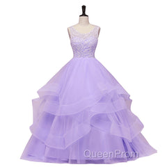 Lavender Tulle With Lace Ruffled Long Formal Gown, Ball Gown Sweet 16 Dresses