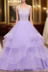 Lavender Tulle With Lace Ruffled Long Formal Gown, Ball Gown Sweet 16 Dresses