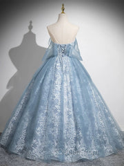 Light Blue A-Line Lace And Tulle Long Party Dresses, Blue Round Neckline Evening Prom Dresses