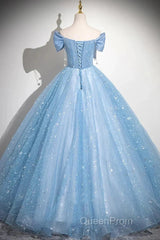 Light Blue A-Line Off Shoulder Tulle Sequins Long Evening Prom Dresses Evening Dresses
