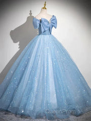 Light Blue A-Line Off Shoulder Tulle Sequins Long Evening Prom Dresses Evening Dresses