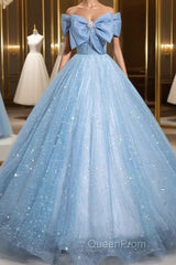 Light Blue A-Line Off Shoulder Tulle Sequins Long Evening Prom Dresses Evening Dresses