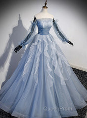 Light Blue Ball Gown Long Sleeves Beaded Party Dresses, Light Blue Evening Prom Dresses