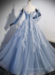 Light Blue Ball Gown Long Sleeves Beaded Party Dresses, Light Blue Evening Prom Dresses