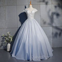 Light Blue Cap Sleeves Lace Top Ball Gown Sweet 16 Gown, Light Blue Evening Prom Dresses Formal Dresses