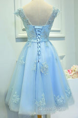 Light Blue Cap Sleeves Tea Length Vintage Style Formal Dresses, Blue Homecoming Dresses