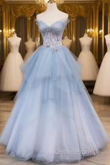 Light Blue Gradient Tulle With Beaded Long Formal Dresses, Light Blue Long Evening Prom Dresses