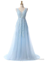 Light Blue Lace Appliques Backless Prom Dress