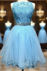 Light Blue Lace Appliques Short Homecoming Dresses