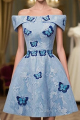 Light Blue Lace With Butterflies Short Homecoming Dresses, Blue Evening Prom Dresses