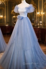 Light Blue Off Shoulder Tulle Sweetheart Formal Dresses, Light Blue A-Line Evening Prom Dresses