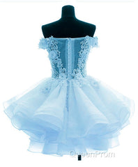 Light Blue Organza With Flower And Lace Short Party Dresses, Blue Homecoming Dresses
