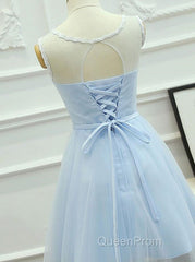 Light Blue Round Neckline Short Pretty Homecoming Dresses, Light Blue Wedding Party Dresses