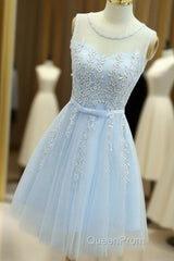 Light Blue Round Neckline Short Pretty Homecoming Dresses, Light Blue Wedding Party Dresses