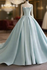 Light Blue Satin Long Ball Gown Quinceanera Dresses Princess Dresses Evening Prom Dresses