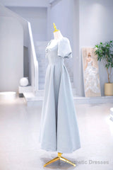 Light Blue Satin Long Prom Dress with Pearls, A-Line Short Sleeve Party Dress