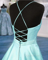Light Blue Satin V-Neck Cross Back Evening Prom Dresses