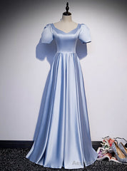 Light Blue Satin V-neck Puff Sleeve Beading Prom Dress