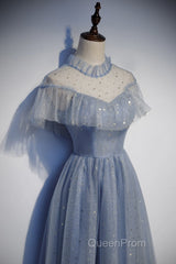 Light Blue Shiny Tulle High Neckline Homecoming Dresses Party Dresses, Blue Short Evening Prom Dresses