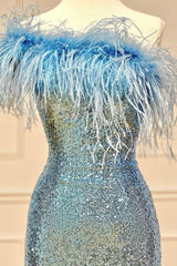 Light Blue Sparkly Tight Sequins Homecoming Dresses with Feathers