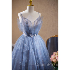 Light Blue Tulle Beaded Long Formal Dresses, Light Blue Shiny Tulle Evening Dresses Evening Prom Dresses