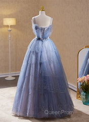Light Blue Tulle Beaded Long Formal Dresses, Light Blue Shiny Tulle Evening Dresses Evening Prom Dresses