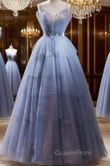 Light Blue Tulle Beaded Long Formal Dresses, Light Blue Shiny Tulle Evening Dresses Evening Prom Dresses