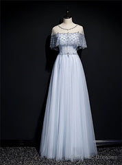 Light Blue Tulle Beading Sequins Lotus Leaf Sleeve Prom Dress
