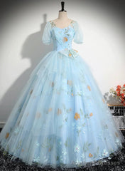 Light Blue Tulle Floor Length Prom Dress, Beautiful Short Sleeves Sweet 16 Dress