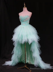 Light Blue Tulle  Strapless Beading Prom Dress