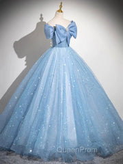 Light Blue Tulle Sequins Long Evening Prom Dresses, A-Line Off Shoulder Evening Dresses