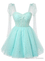 Light Blue Tulle Sequins Straps Homecoming Dress