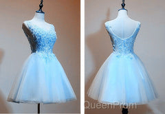 Light Blue Tulle Short Party Dresses With Lace Applique, V-Neckline Homecoming Dresses