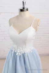 Light Blue Tulle Simple Spaghetti Straps Sweep Train Backless Prom Dress