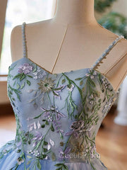 Light Blue Tulle Straps With Lace Applique Evening Prom Dresses, Light Blue Party Dresses