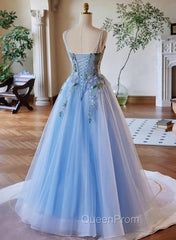 Light Blue Tulle Straps With Lace Applique Evening Prom Dresses, Light Blue Party Dresses