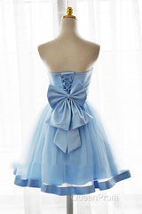 Light Blue Tulle Sweetheart With Bow Cute Party Dresses, Blue Short Homecoming Dresses Evening Prom Dresses