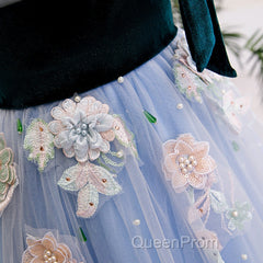 Light Blue Tulle With Flowers Lace Long Evening Dresses Evening Prom Dresses, A-Line Party Dresses