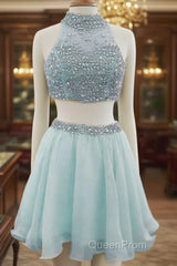 Light Blue Two Piece Homecoming Dresses Beaded Halter