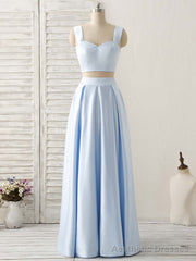 Light Blue Two Pieces Satin Long Prom Dress Simple Evening Dress