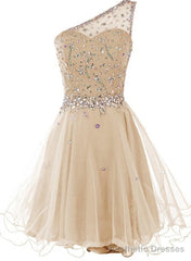 Light Champagne Beaded One Shoulder Chic Homecoming Dresses, Short Party Dress Prom Dresses