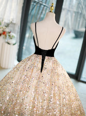Light Champagne Beaded V-Neckline Party Dresses, Cute Straps Long Evening Prom Dresses