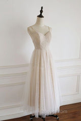 Light Champagne Lace Straps Sweetheart Party Dresses Formal Dresses, Tea Length Wedding Party Dresses