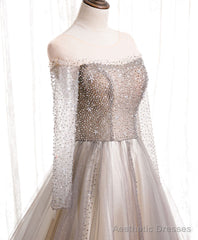 Light Champagne Long Prom Dress, A line Sequin Formal Evening Party Dress